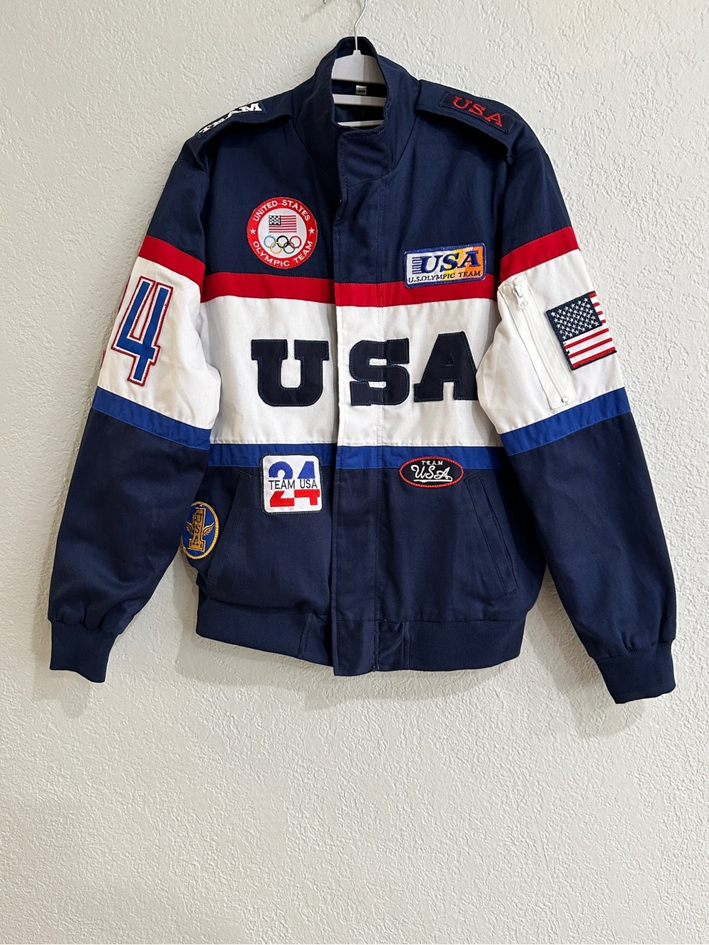 Prime Jackets Team USA Olympic Racing Bomber Jacket Navy Patchwork Men’s Size M